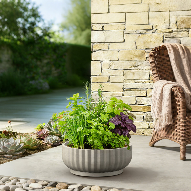 Grand pot à fleurs rond 21 po en pierre gris (intérieur amélioré) avec trou de drainage, Gris Pierre