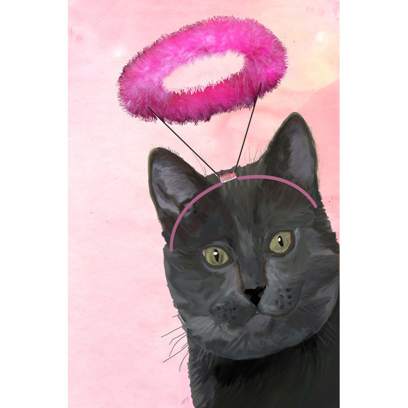 Chat noir avec halo ange rose, H 12 po x l 8 po x P 1 po