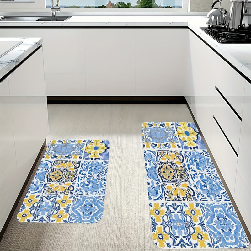 Tapis de cuisine bleu et jaune à motif floral et carreaux décoratifs boho, ensemble de 2