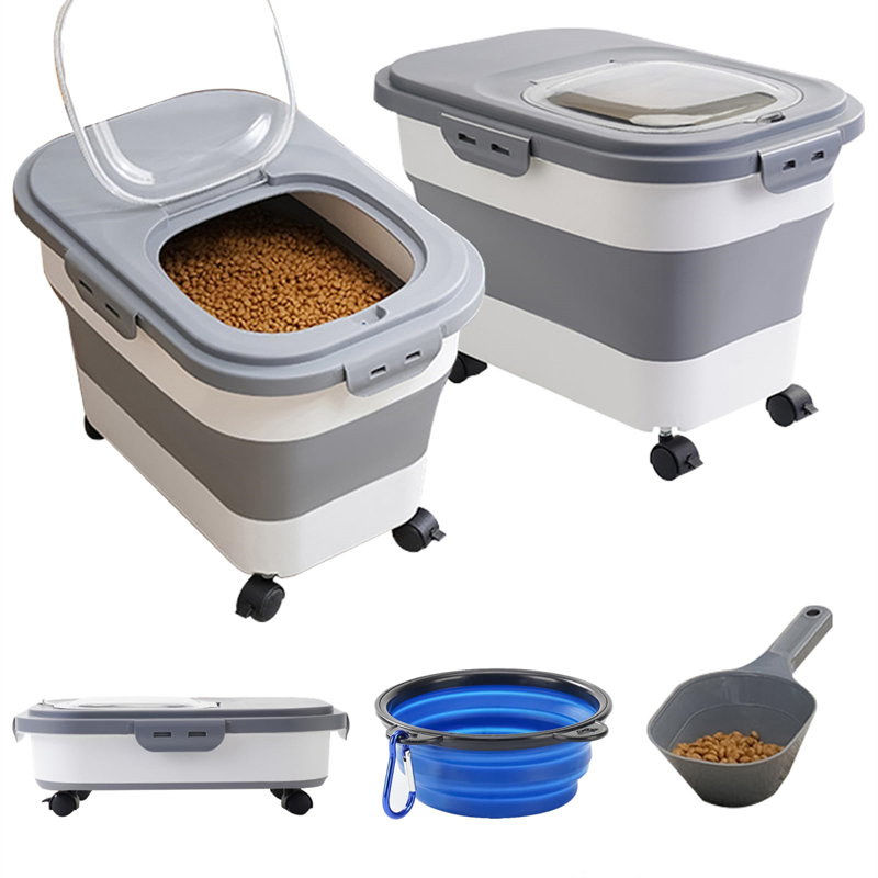 Collapsible Gray and White Plastic Pet Food Storage Container Set