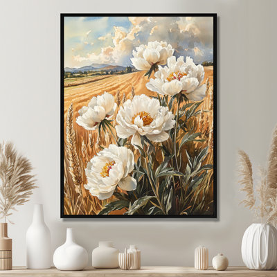Angeles pivoines par le champ de récolte - impressions de pivoines encadrées