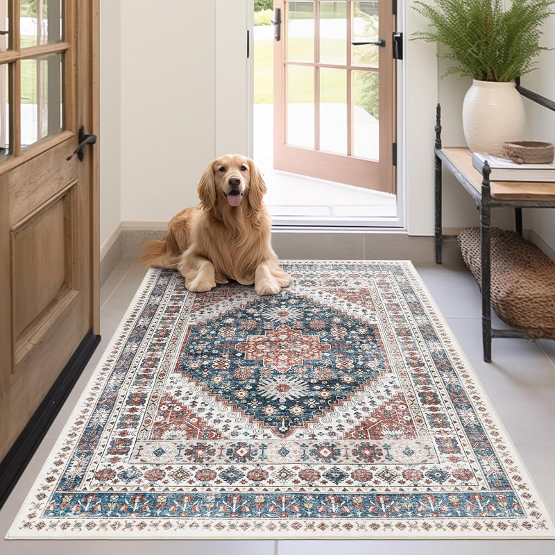 Medallion Non Slip Washable Rug(Red), Rectangle 3' x 5'