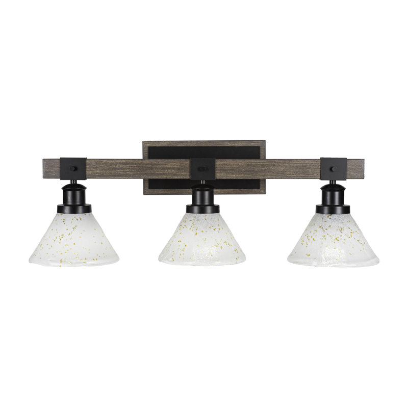 Barre d'éclairage de salle de bain 3 lumières Vanderford en noir mat et métal d'aspect bois peint peint avec verre de 7 po