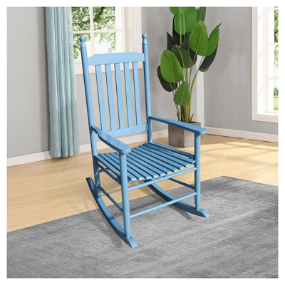Chaise berçante en bois massif avec siège large et accoudoirs, mobilier de balcon extérieur bleu