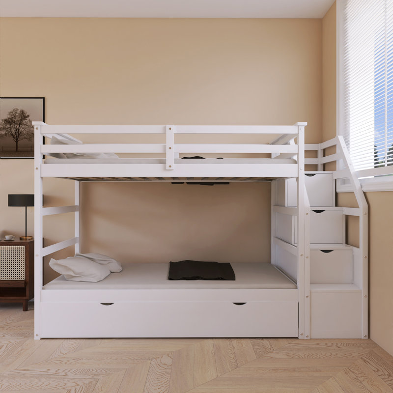 Wood Frame Twin-Over-Twin Bed With Storage Stairs, White