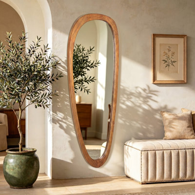 Asymmetrical Irregular Full Length Mirror with Solid Wood Frame, Organic Wall-Mounted Floor Mirror