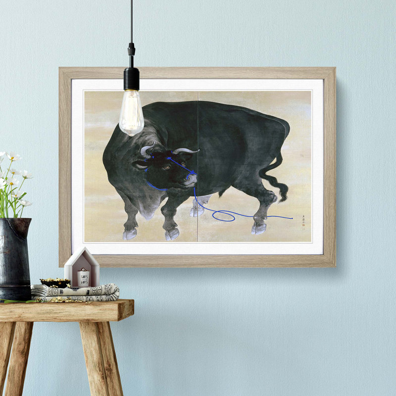 Black Bull by Mochizuki Gyokusen - Picture Frame Art Print, Oak Framed, 27cm H x 36cm W x 2cm D