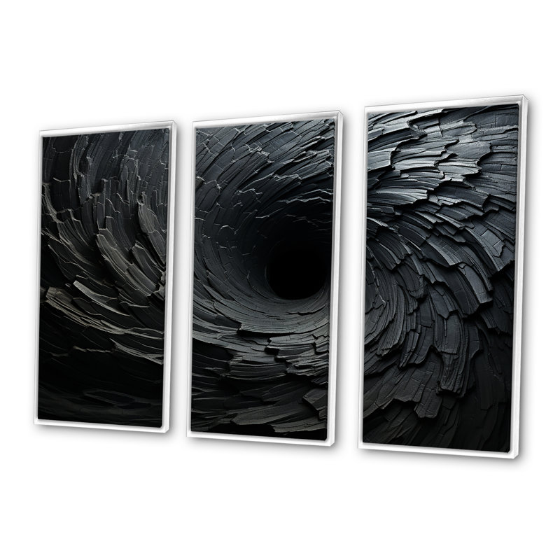 «Black Spiraling Fractal Spiral», art mural abstrait en spirale, H 28 po x l 36 po x P 1 po, Cadre flottant blanc