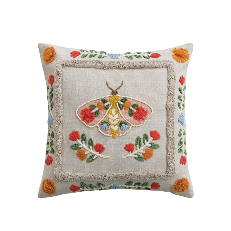 Cotton Embroidered Moth & Flora Accent Pillow