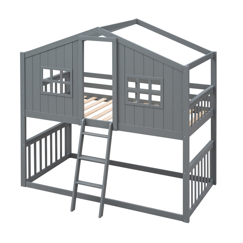 Twin Over Twin House Bunk Bed With Ladder, Wood Bed, Gray