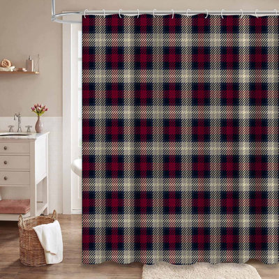 Plaid Check Border British Buffalo Blue Shower Curtain with 12 Hooks