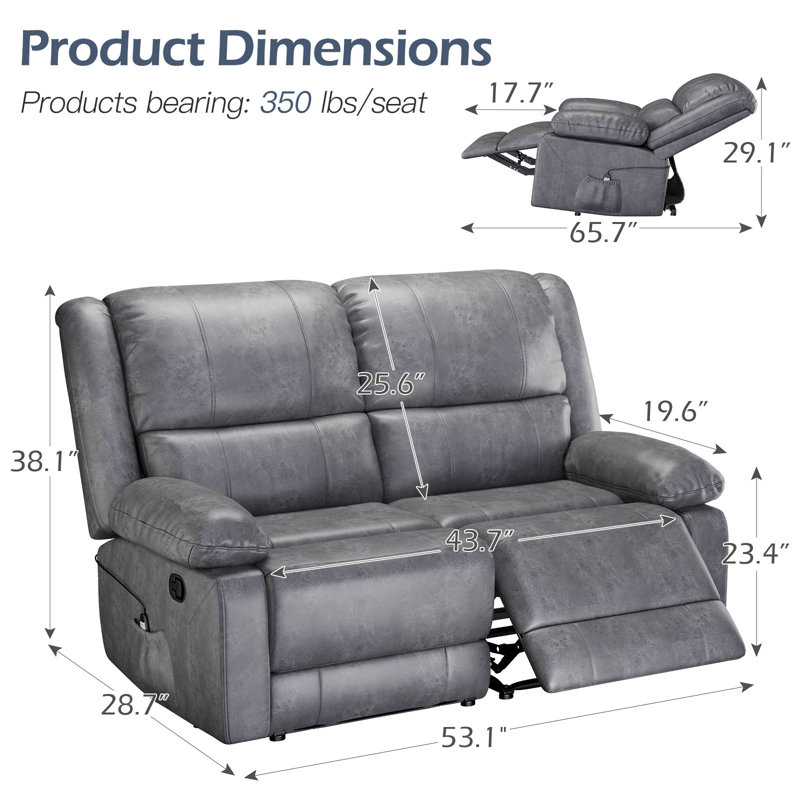 53.1'' Faux Leather Reclining Loveseat with Massage&Heat Function, Gray