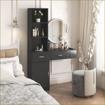 Coiffeuse à cheveux, rangement noir moderne avec tiroirs, armoire et amp; Trous de sécheuse | Noir | Panneau de fibres à densité moyenne