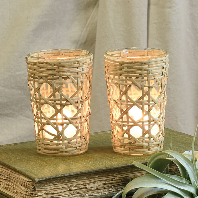 Petit porte-votive en verre tissage canne