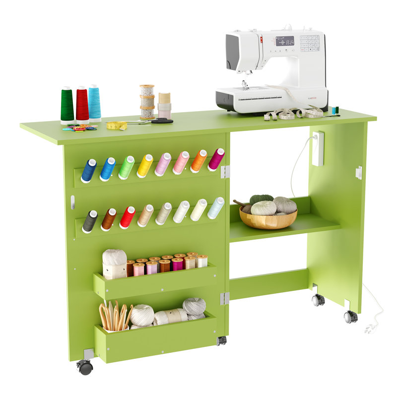 Table de couture pliable avec station de charge, bureau d'artisanat roulant avec tablettes de rangement, plateaux et panneau perforé, armoire de machine à coudre compacte avec roues verrouillables