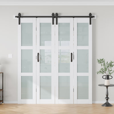 Glass And Solid Manufactured Wood Bi-Fold Barn Door With Installation Hardware Kit