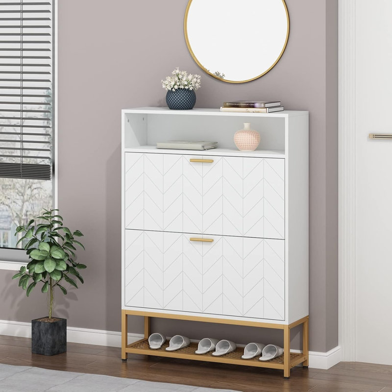 Free Standing Tipping Bucket Shoe Cabinet with 2 Flip Drawers for Organizing Shoes, White