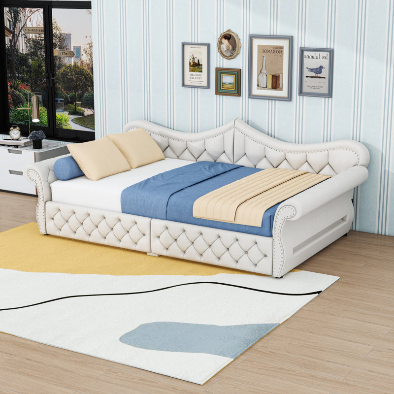 Queen Upholstered Daybed with Built-In LED Light Strips, Beige