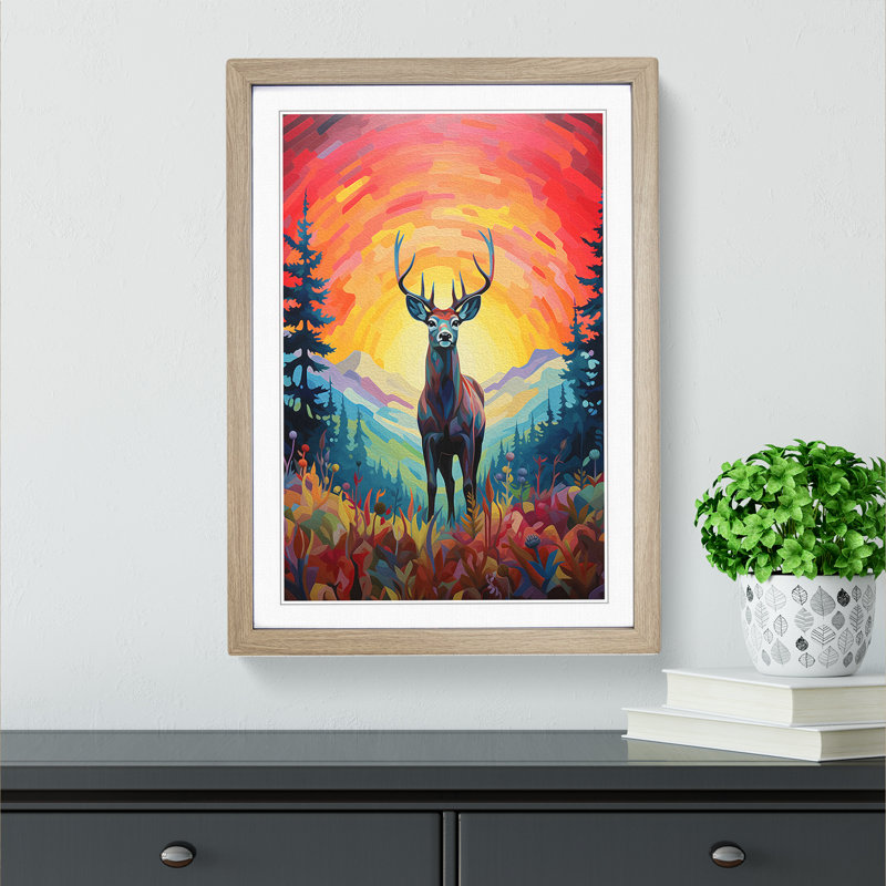 Deer Colour Field - Single Picture Frame Print on Wood, Oak Framed, 34cm H x 25cm W