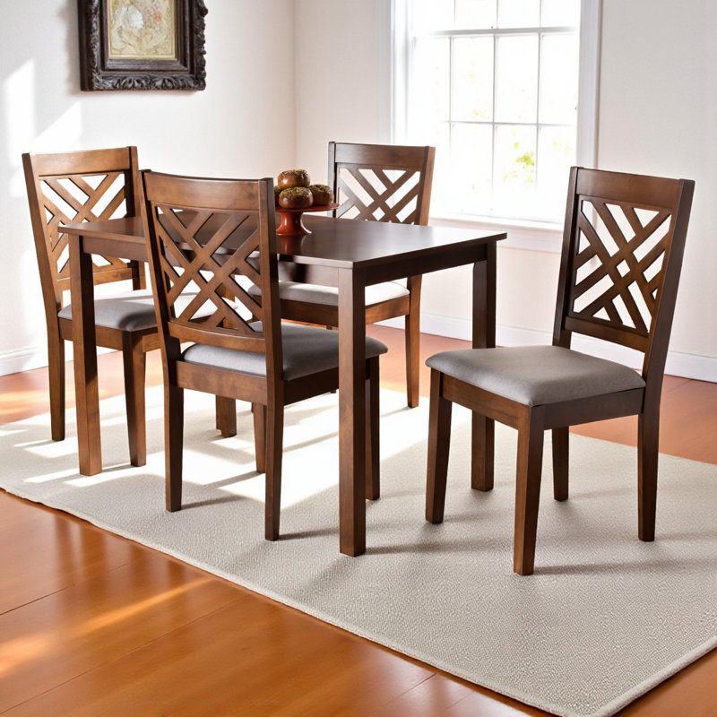 Fraserburgh 5-Pc Dining Set in Grey Fabric and Walnut Finish Wood, 37.4'' H X 18.5'' W X 19.88'' D, Brown, Light Gray