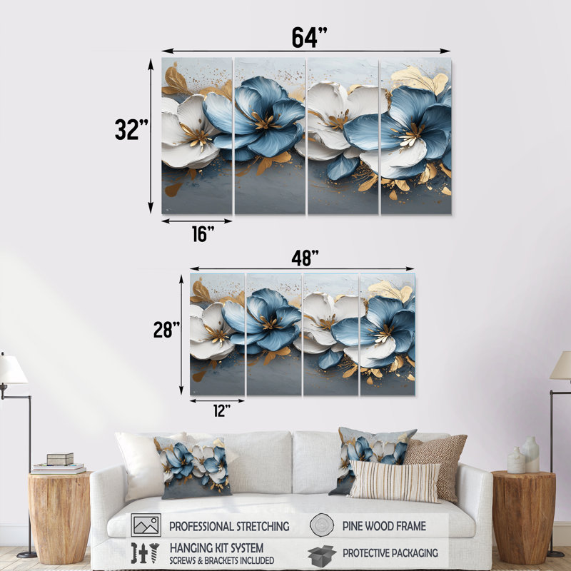 Tulipes bleues et bleues, rivière I, art mural - ensemble d'art mural traditionnel 4 pièces, H 28 po x l 48 po