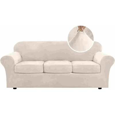 Modern Velvet Plush 4 Piece High Stretch Sofa Slipcover Furniture Protector Form Fit Luxury Thick Sofa Cover For 3 Cushion Couch, Machine Washable Width Up To 90 Inch(Sofa,Ivory)