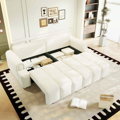 Storage-Focused Teddy Fabric Sofa Bed, King-Size 3-In-1 Convertible 4-Seater Sleeper Couch For Home