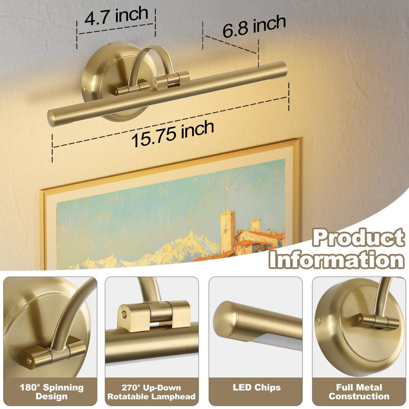 16 Inch Hardwired Picture Frame Lights, Brass