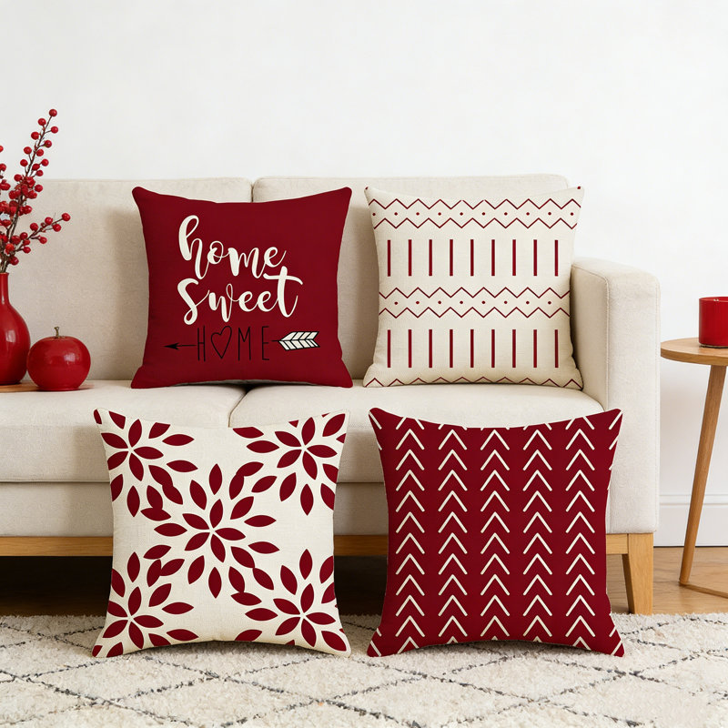 Ensemble de 4 housses de coussins décoratifs en lin 18 x 18 pouces, Géométrique rouge
