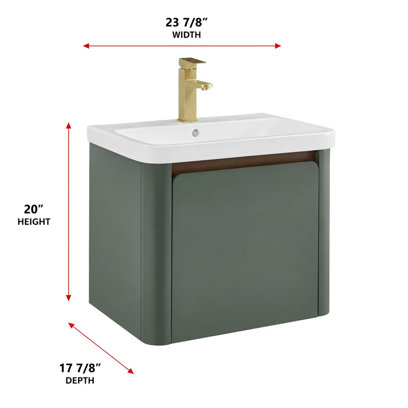 Meuble-lavabo simple flottant et mural 24 po Barkley en vert rétro avec lavabo et comptoir intégrés en céramique
