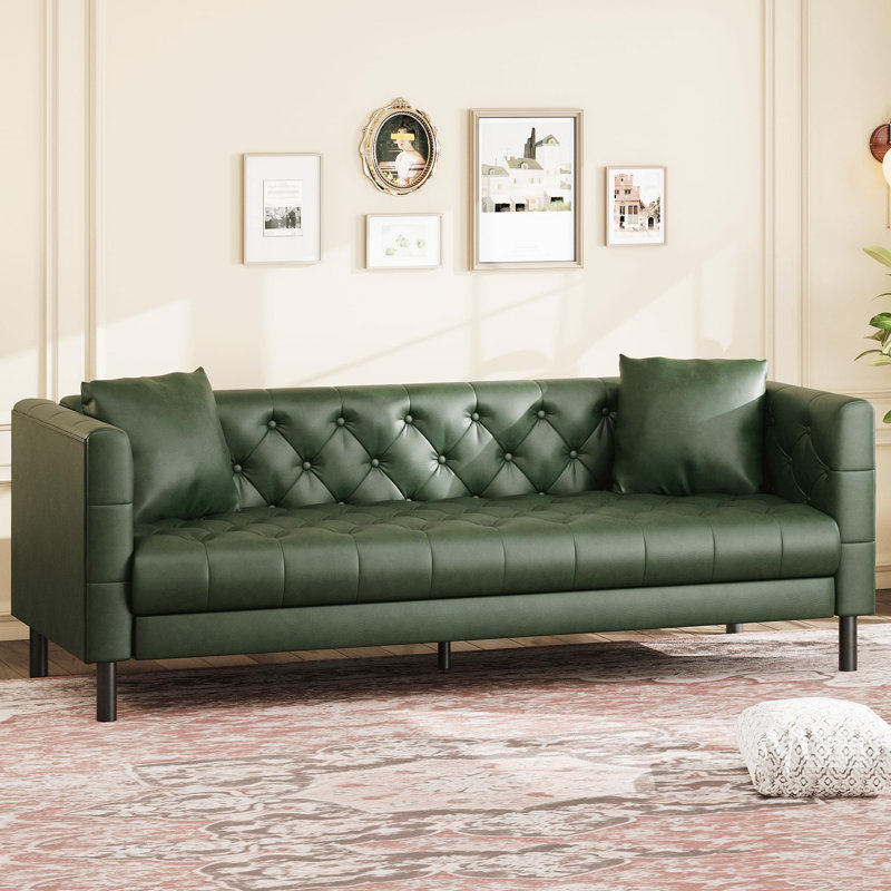 Canapé de 81 po en cuir, canapé Chesterfield à assise profonde capitonné à 3 boutons fait à la main, Vert