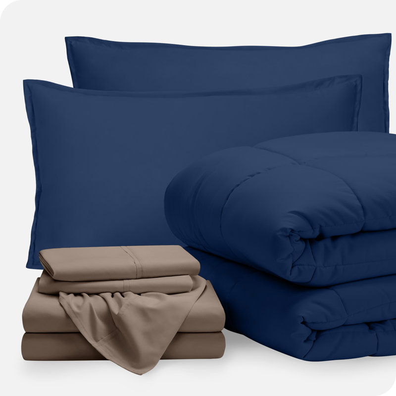 Microfiber Bed-In-A-Bag, Dark Blue/Taupe, Full XL Comforter + 6 Additional Pieces
