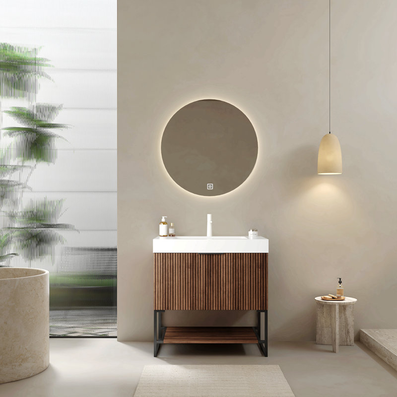 Meuble-lavabo de 36 po avec lavabo en céramique et meuble de rangement en rotin avec deux portes et un tiroir