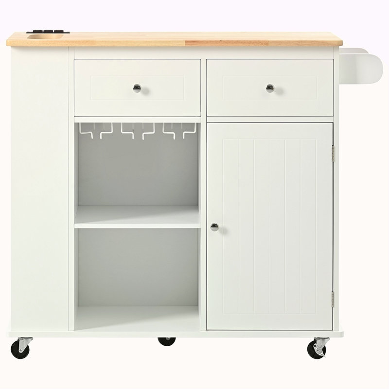 Kitchen Island With Power Outlet,Kitchen Storage Island With Drop Leaf And Rubber Wood,Open Storage And Wine Rack,5 Wheels,With Adjustable Storage For Home, Kitchen, And Dining Room