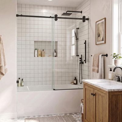Porte de douche coulissante simple sans cadre, verre trempé de 10 mm (3/8 po) avec pellicule anti-éclats, roulettes silencieuses en acier inoxydable