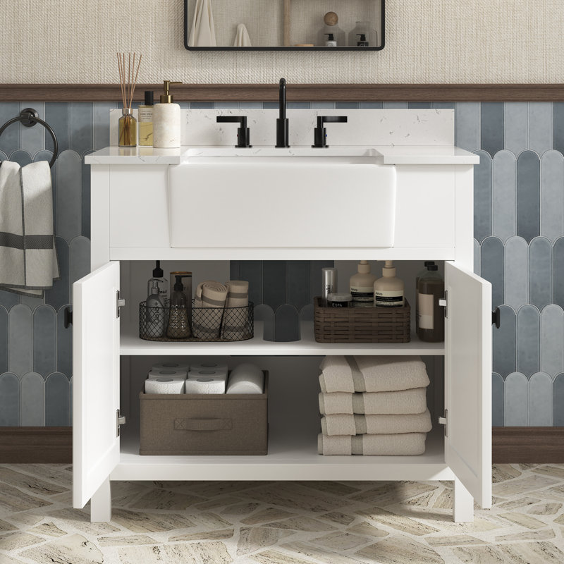 Freestanding Single Sink Bathroom Vanity With Engineered Stone Countertop, 37"