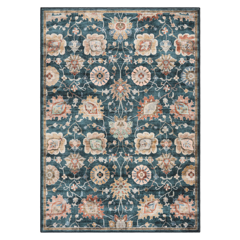 Tapis lavable à la machine à motif floral EVERWASH Haven Damask, 8 x 10, Blue Multi