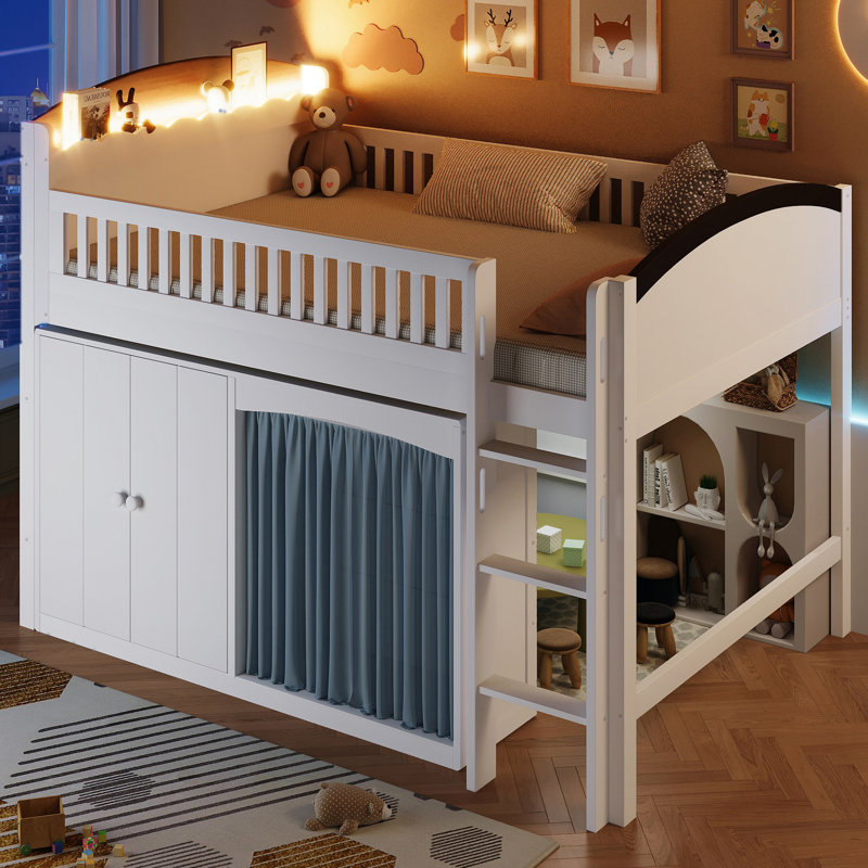 Lit mezzanine avec armoire de rangement, garde-robe et DEL, Blanc, Lit double