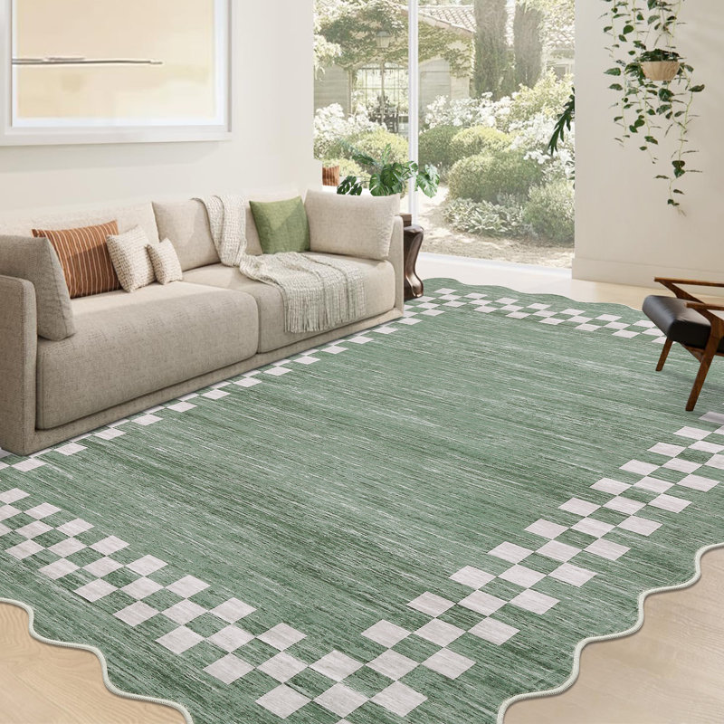 Scalloped Area Rug Machine Washable Modern Throw Rug, Stain-Resistant Geometric Accent Carpet, Non-Shedding Border Easy Cleaning Floor Mat