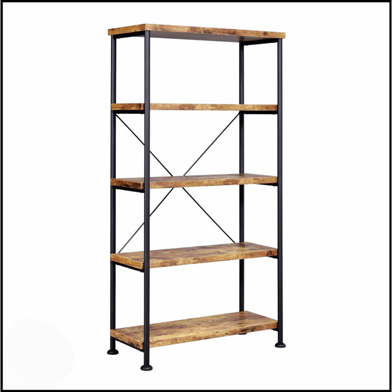 Bibliothèque à 5 tablettes en muscade antique avec cadre en métal noir, pour les intérieurs rustiques et modernes
