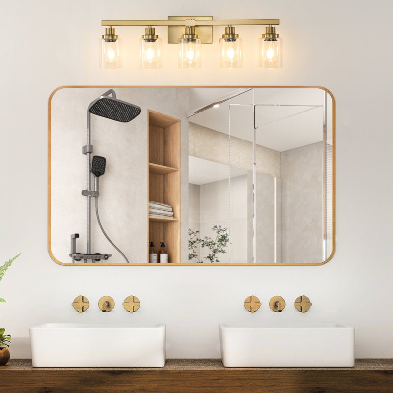 Meuble-lavabo moderne en métal doré de 5 po avec abat-jour en verre transparent, luminaire à miroir pour la salle de bain et la coiffeuse, pour ajouter de l'élégance à la table, ampoule E26 sans ampoule à l'ombre, miroir, zone parfaite,
