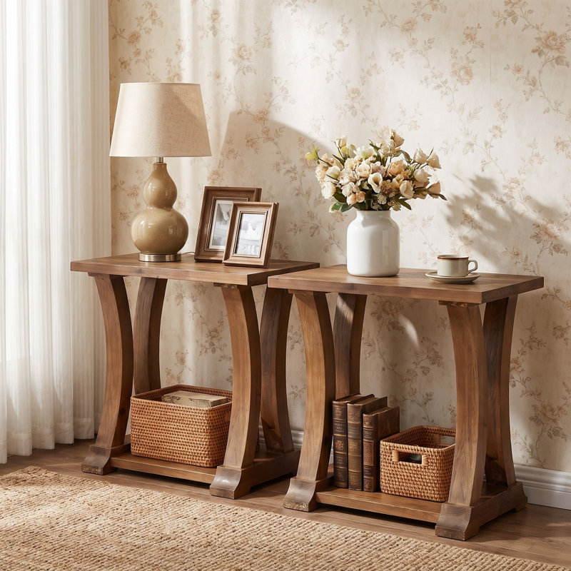 Solid Wood End Table, 2-Tier Sofa Side Table, Set of 2