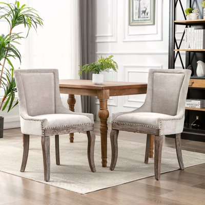 Meuble, chaise de salle à manger Ultra Side, chaises en tissu épaissi avec pieds en bois massif aux tons neutres, tête de clou bronze, ensemble de 2