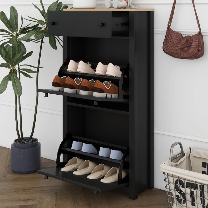 Étagère à chaussures étroite avec 2 tiroirs rabattables, étagère à chaussures à motif de grain de bois avec tiroir, autoportante avec panneau réglable
