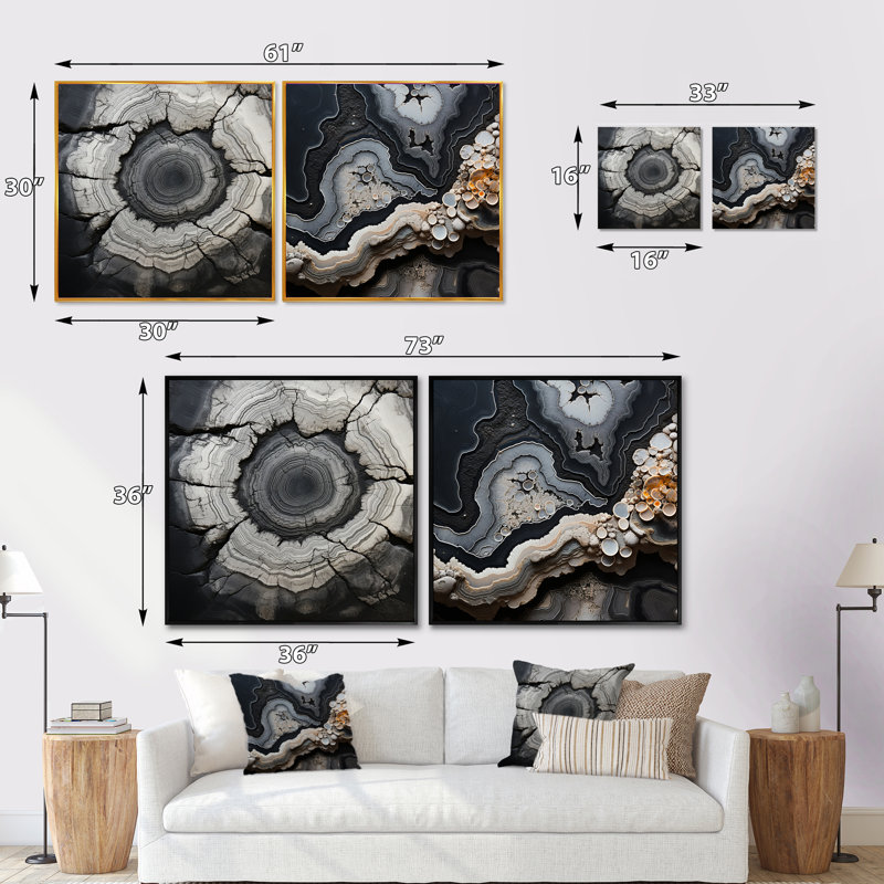 Grey Stone Geode Minimalism - Spiritual Stone Square Collage Set Of 2, Black Floater Framed, 16" H x 33" W