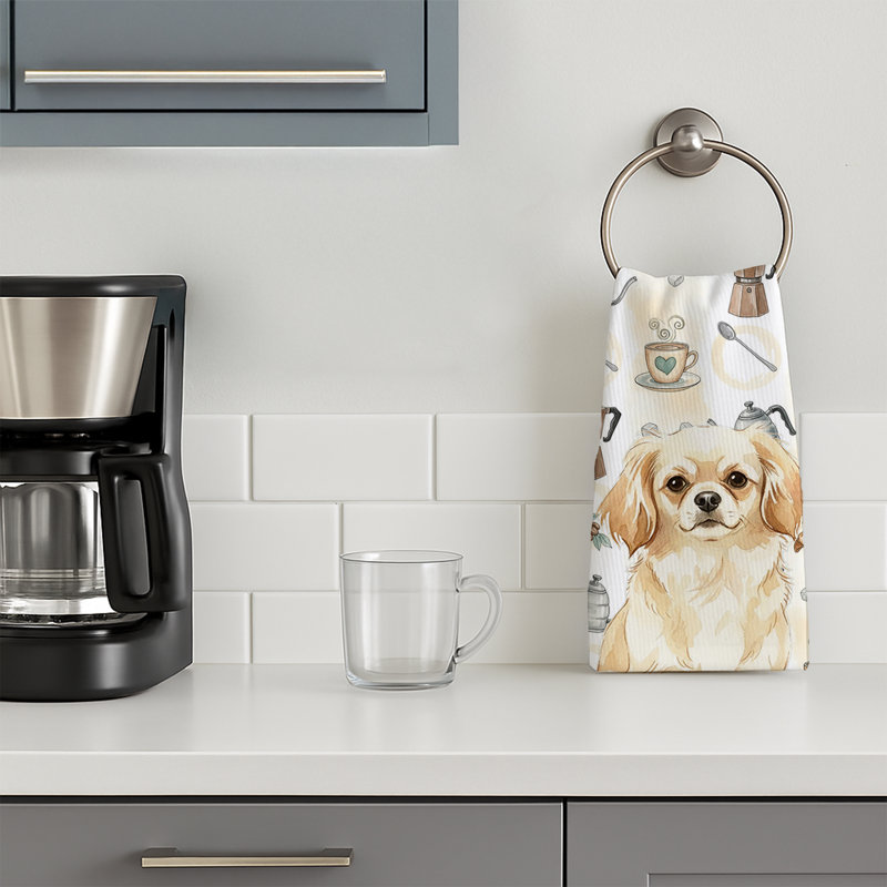 Cream Tibetan Spaniel Coffee Bar Kitchen Towel, Cream Tibetan Spaniel
