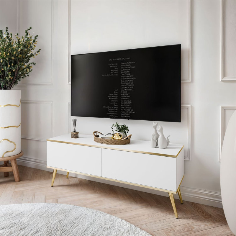 OXFORD III TV Stand with Golden Legs, White, 53cm H x 135cm L x 32cm W
