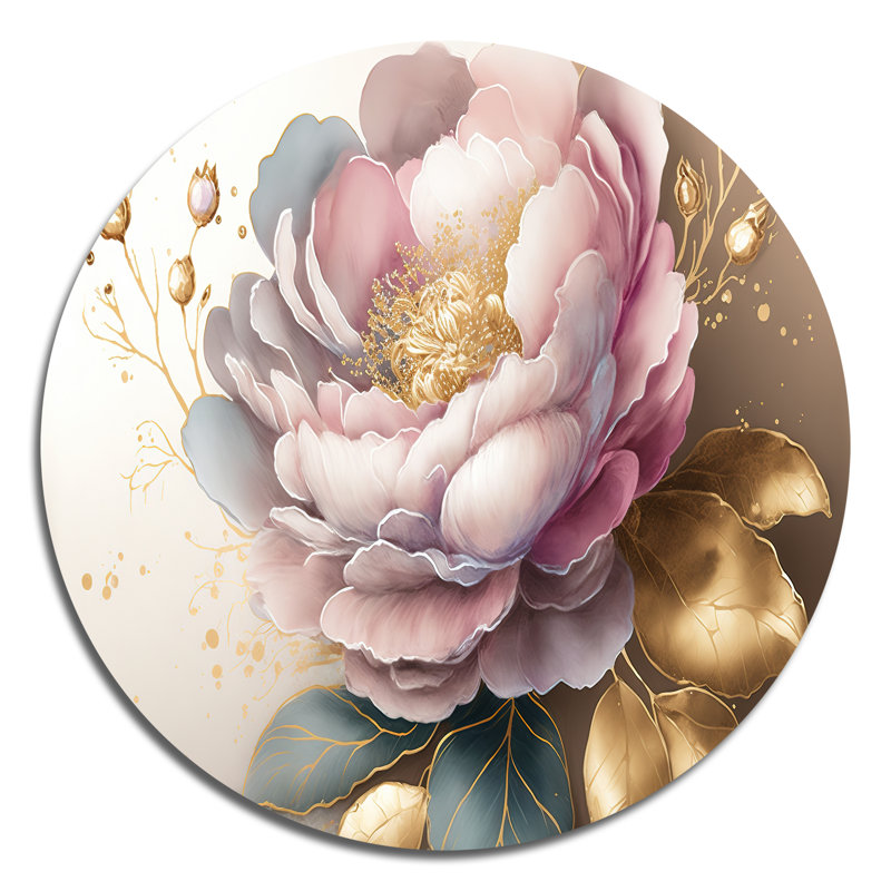Fleur de camélia rose et doré II - art floral rond en métal, H 16 po x l 16 po