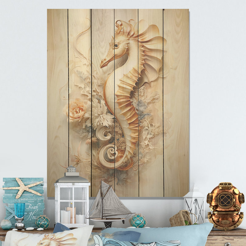 Hippocampe magique beige - Hippocampe, art sur bois de pin naturel, H 32 po x l 24 po