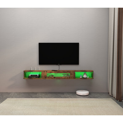 Meuble télé 59 po flottant avec lumières DEL et porte en verre - Console multimédia brun rustique pour téléviseurs de 60 po ou moins